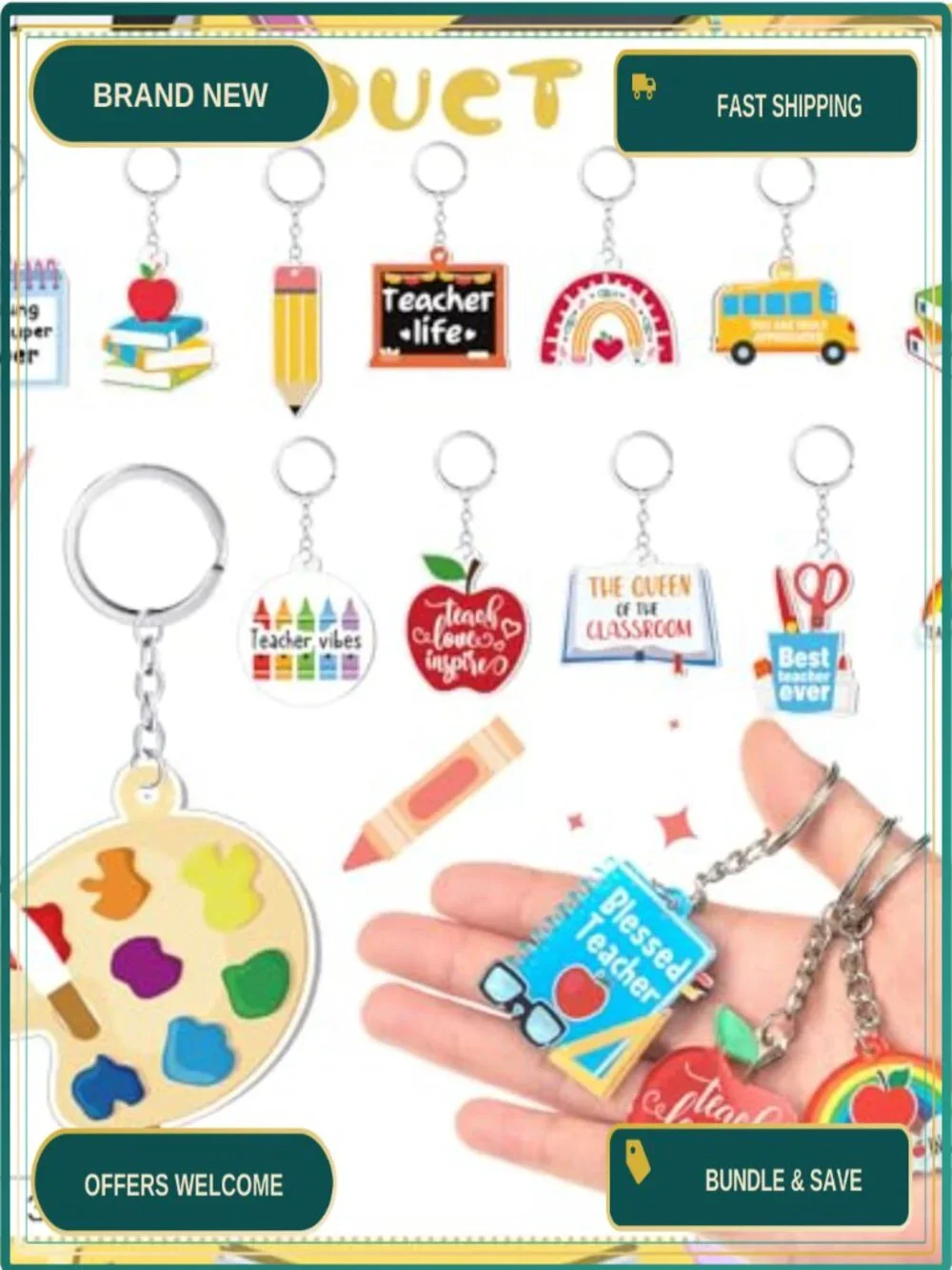100 Acrylic Back to School Keychains Apple Book Pencil Rainbow Bus Party Favors